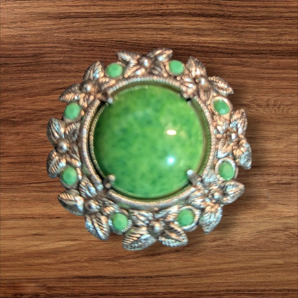 Vintage West Germany Green Cabochon Floral Silver Brooch Pin 2 Inches Ornate Des